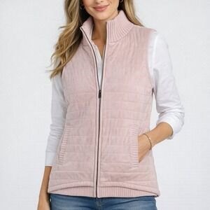 Jones New York Womens Medium Quilted Faux Suede Ribbed Knit Vest Pink Full Zip